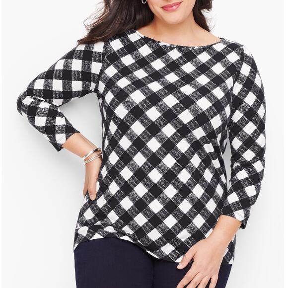 The Talbots Tee Womens Size 2X Black White Buffalo Plaid Preppy Tartan Top - Picture 5 of 8